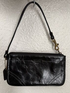 Coach Black Leather Wristlet Clutch with Brass Hardware